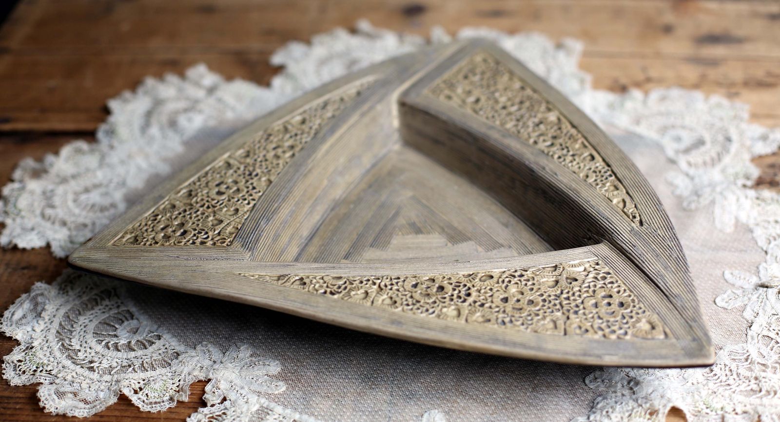Arts & Crafts Ceramic Dish Antique Stamped Floral Triangle Plate Art Nouveau Fruit Bowl photo furniture