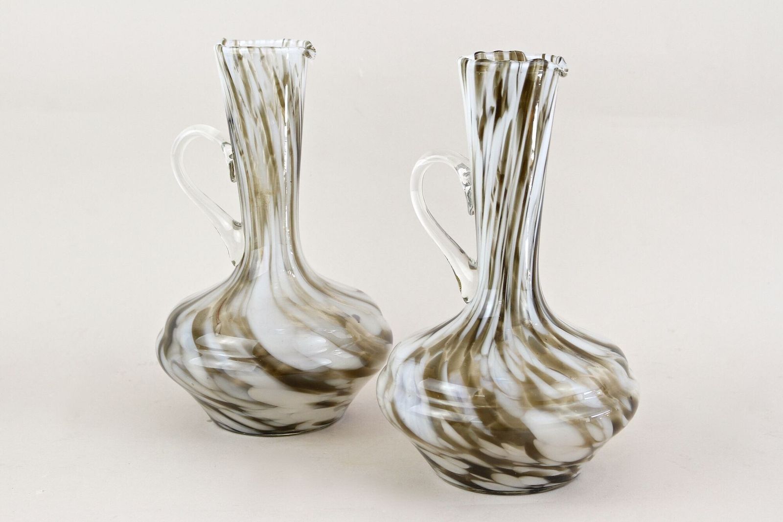 photo for sale Pair Of Mid Century Murano Glass Vases/ Carafes, White/ Brown   Italy Ca. 1960