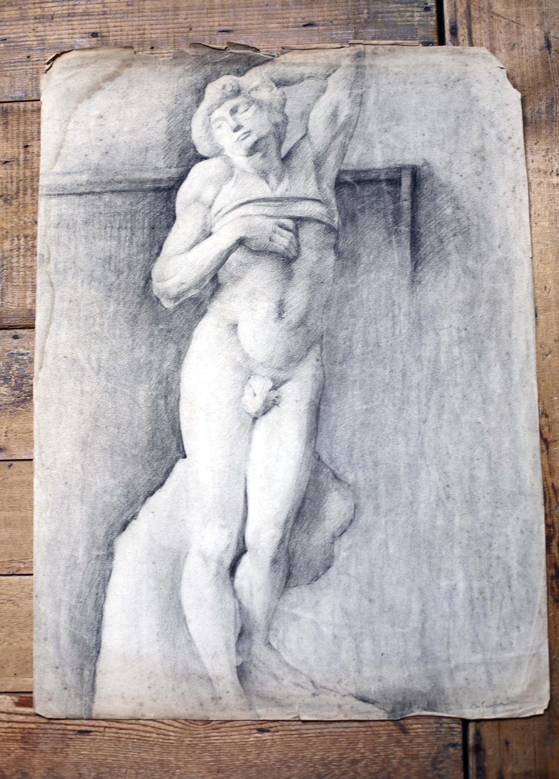 Original Antique Life Drawing Male Nude Torso Antique French Pierre Souffran Michelangelo The Dying Slave photo 59.0