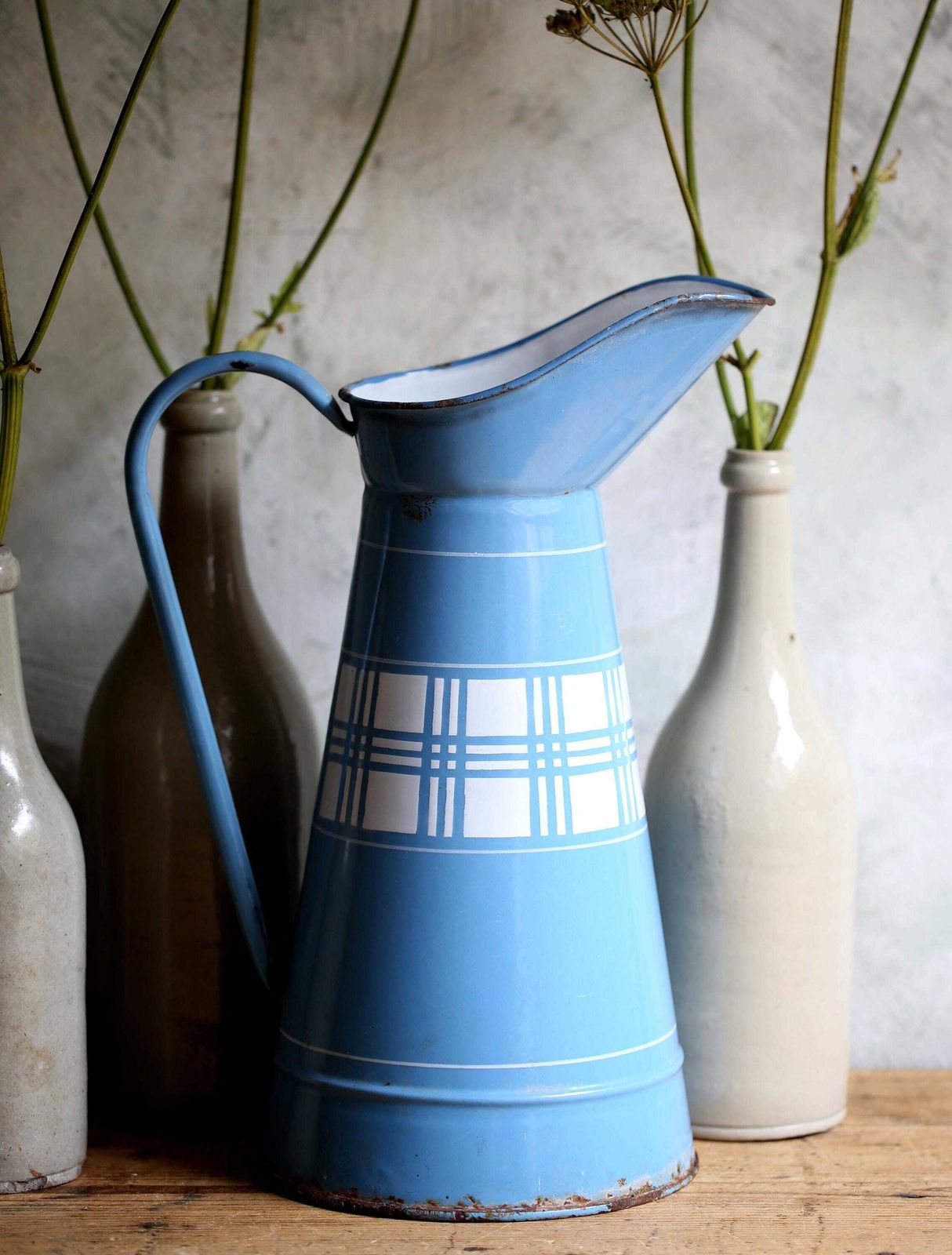 Large Antique Blue & White Check Enamel Pitcher French Metal Jug Art Deco Lustucru photo furniture