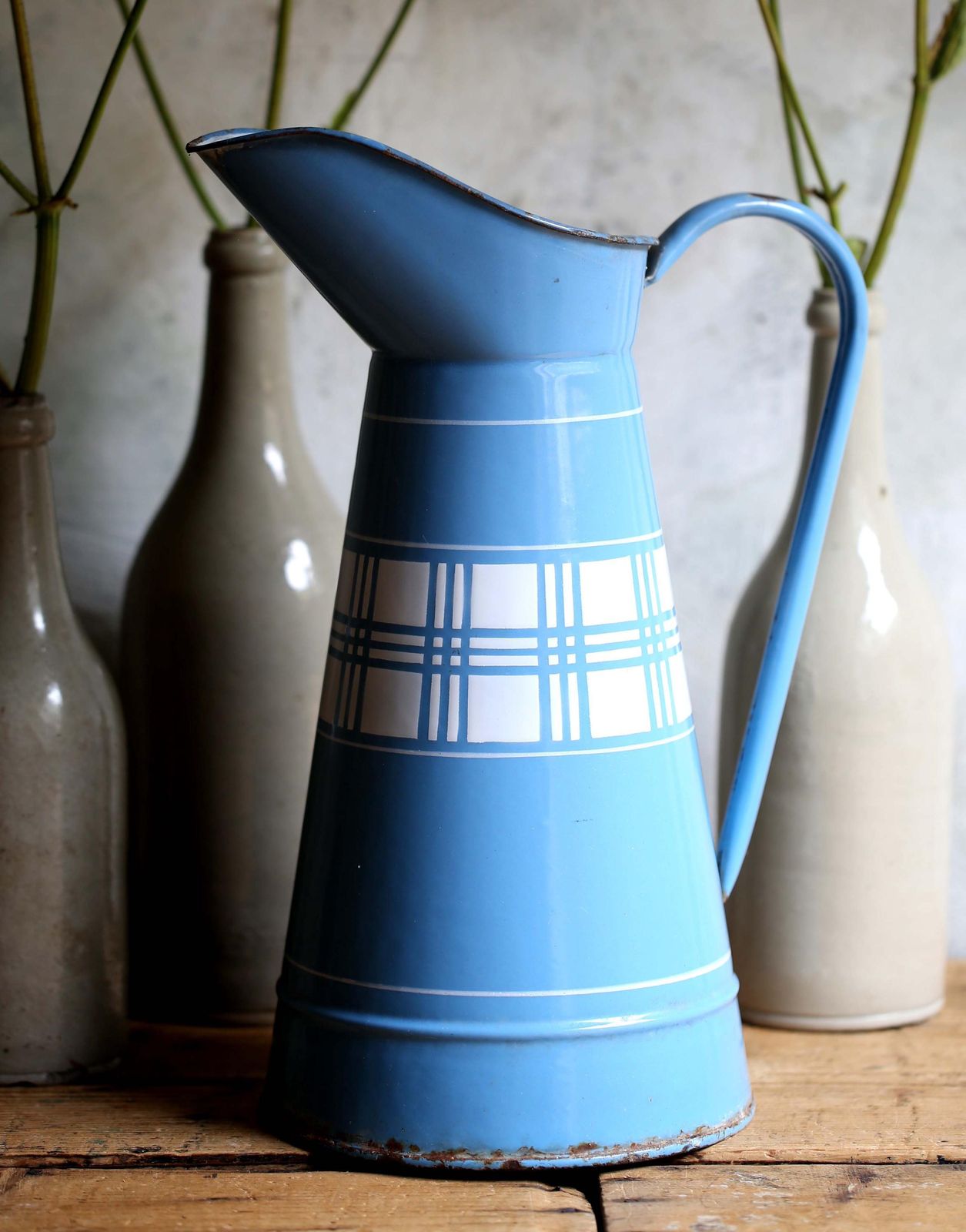 Large Antique Blue & White Check Enamel Pitcher French Metal Jug Art Deco Lustucru photo for sale