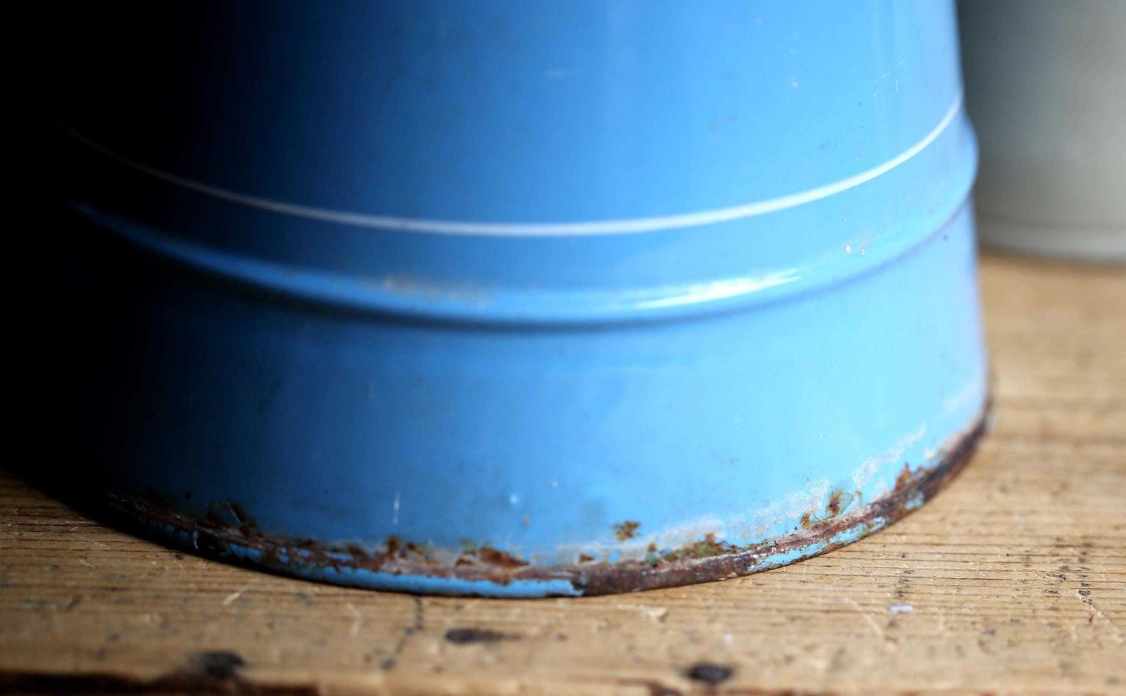 Large Antique Blue & White Check Enamel Pitcher French Metal Jug Art Deco Lustucru photo buy