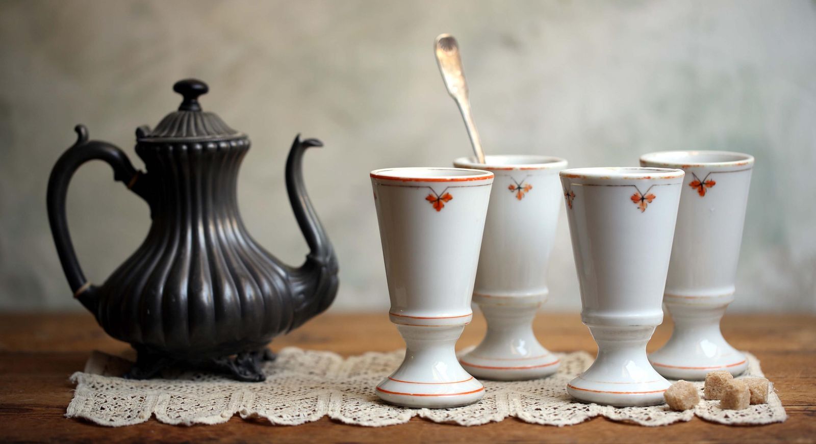 Antique French Bistro Cups Chunky Porcelain Coffee Goblets Set Of 4 photo Home Decor