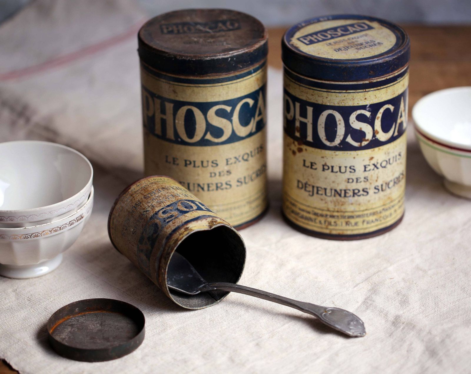 3 Antique French Phoscao Tins Chocolate Drink Canisters Old Metal Breakfast Containers photo for sale