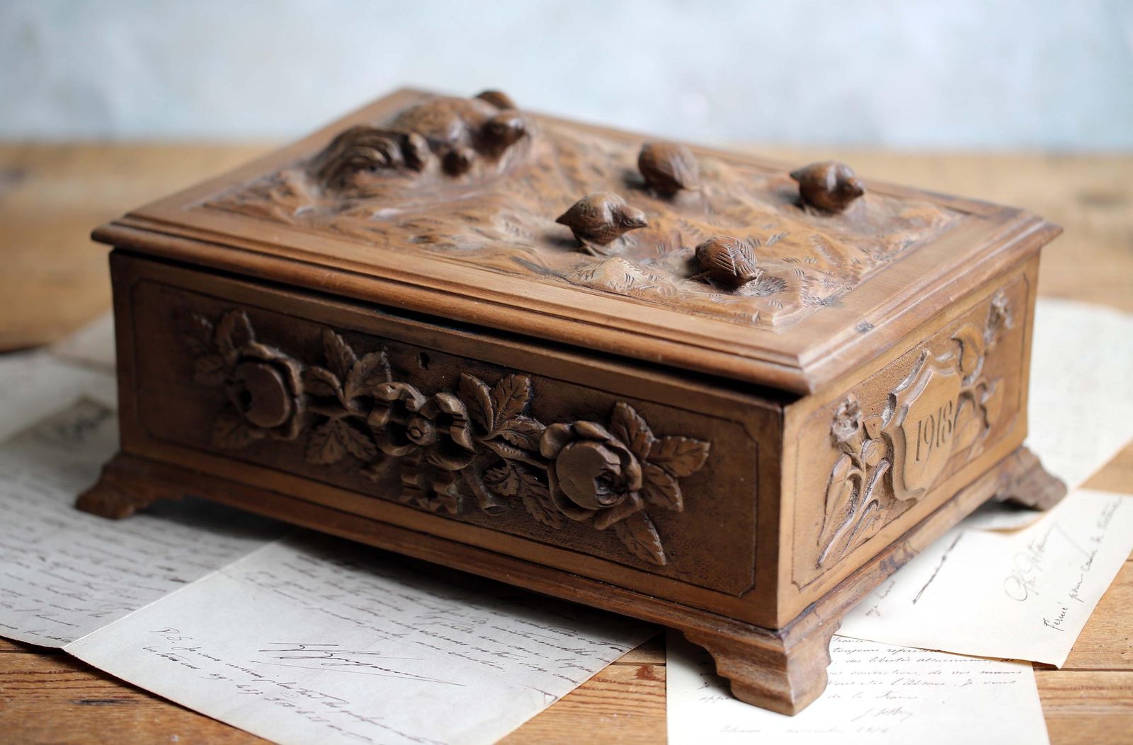 Antique French Pow Carved Wood Box: Trench Art, Signed 1918 photo furniture