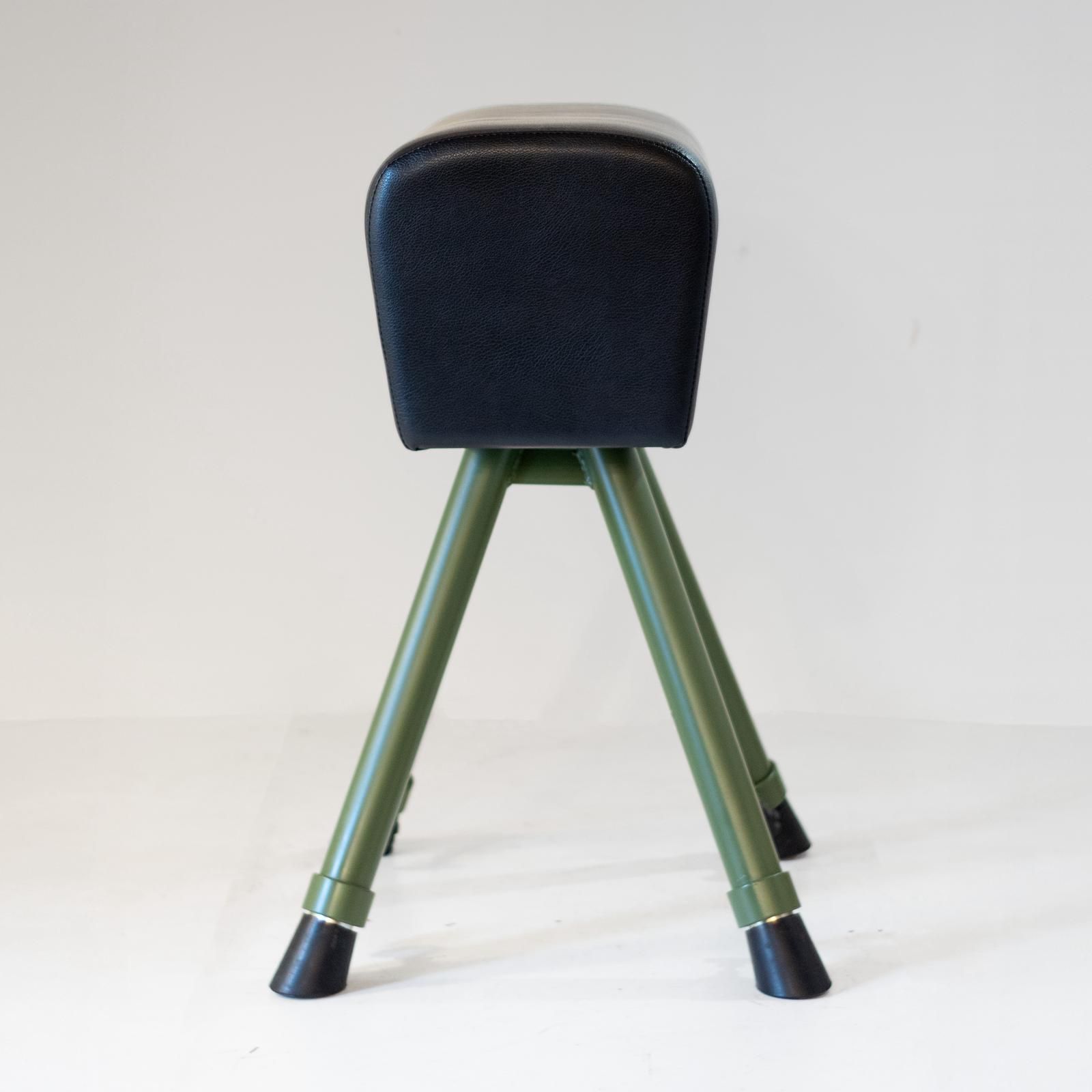 Mid Century Modern Vaulting Horse Bench, Green Metal & Black Leather photo vinterior