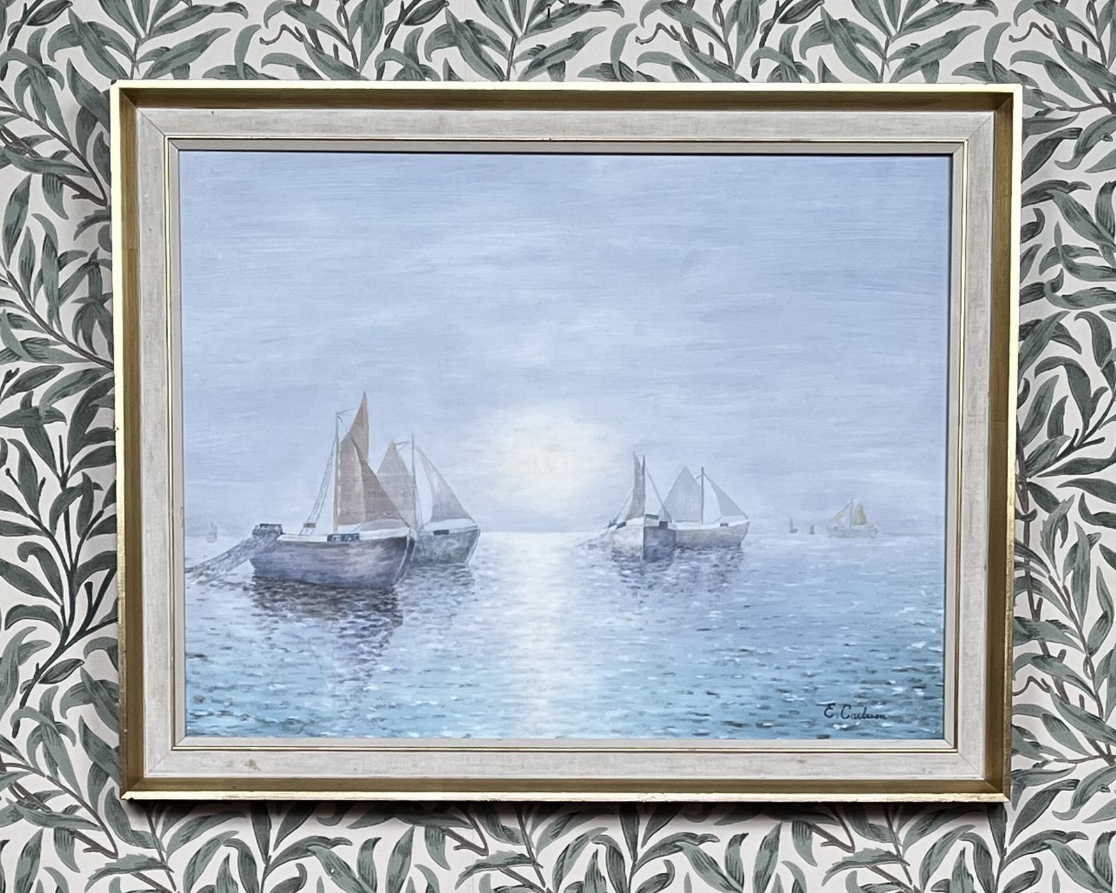 Fishing Fleet In Dawn Light, 1960s, Swedish Artist E Carlsson, Oil Painting On Board