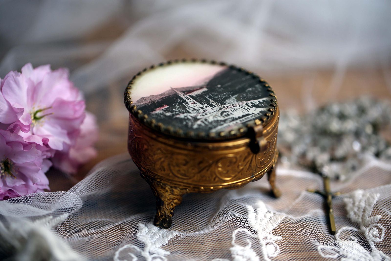 Antique French Ring Box Ormolu Glass & Gold Jewelry Case Souvenir Of Lourdes photo for sale