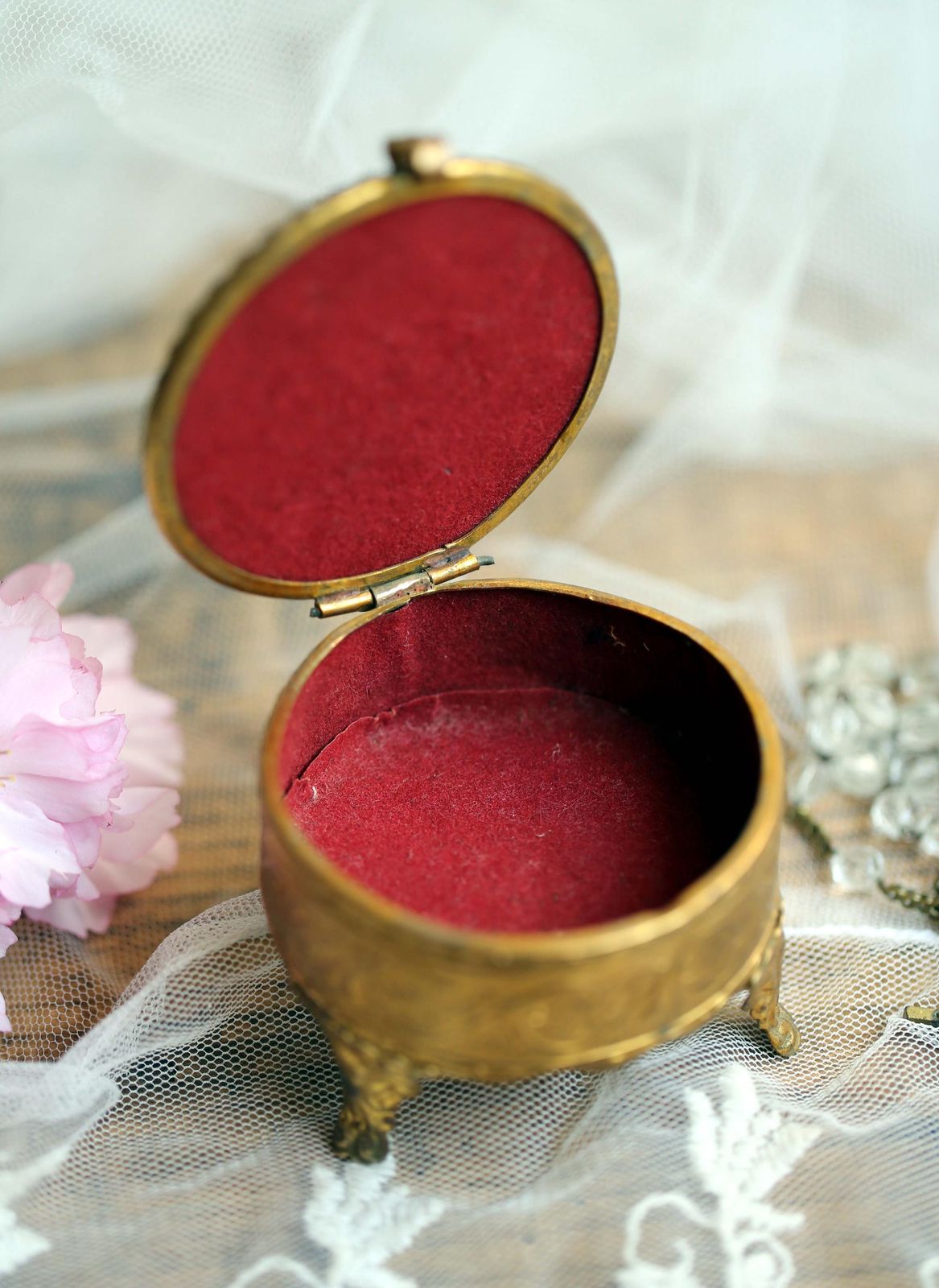 Antique French Ring Box Ormolu Glass & Gold Jewelry Case Souvenir Of Lourdes photo vinterior