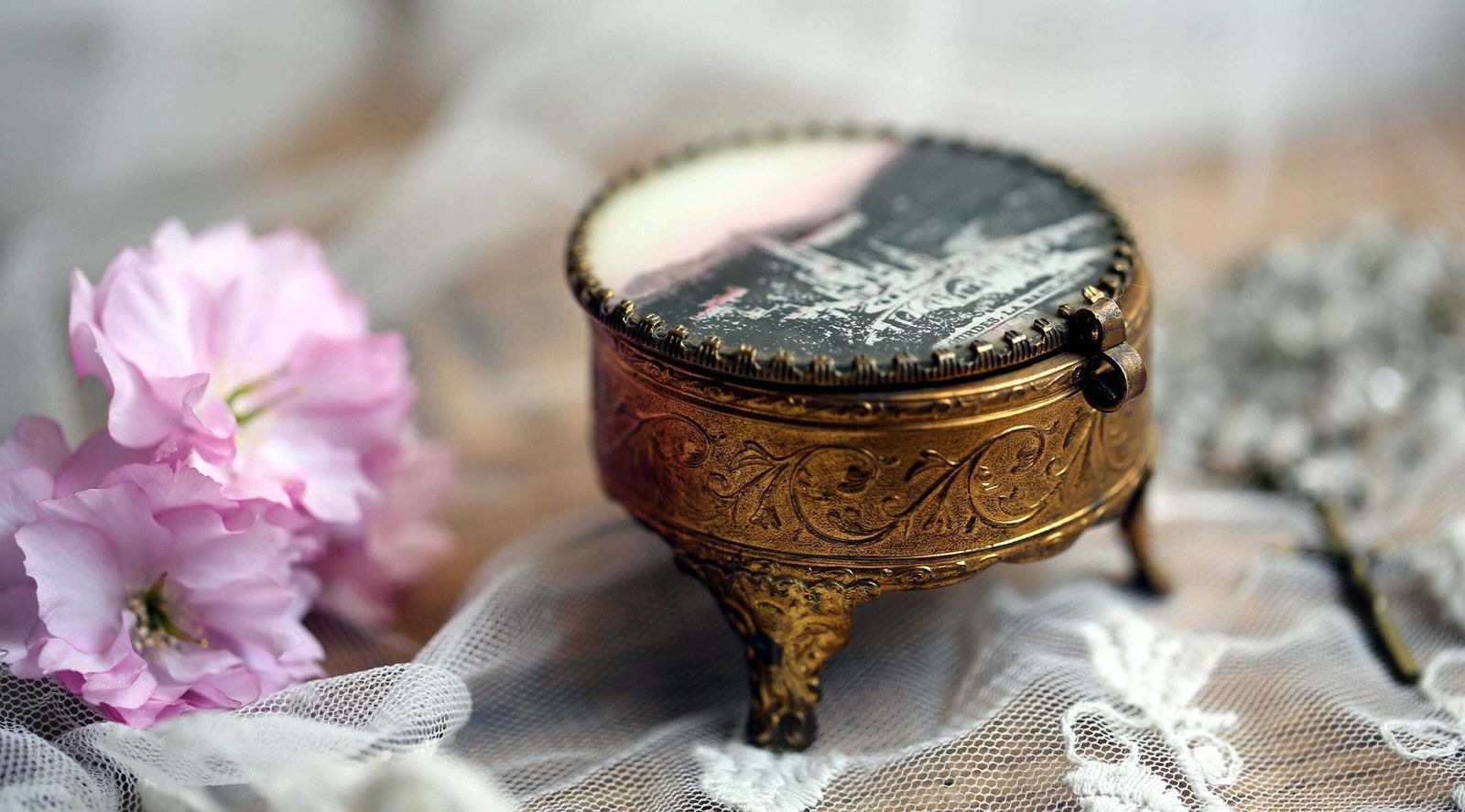 photo furniture Antique French Ring Box Ormolu Glass & Gold Jewelry Case Souvenir Of Lourdes