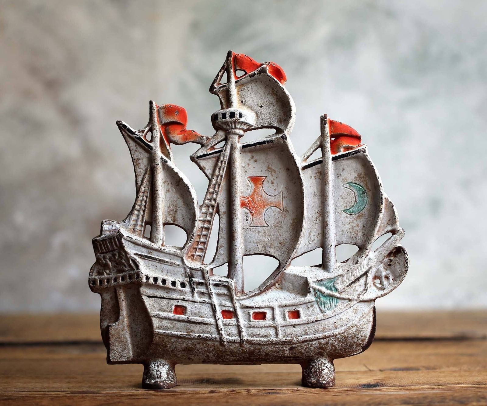 Antique French Sailing Ship Door Stop Nautical Theme Decor Boat Cast Iron Doorstop