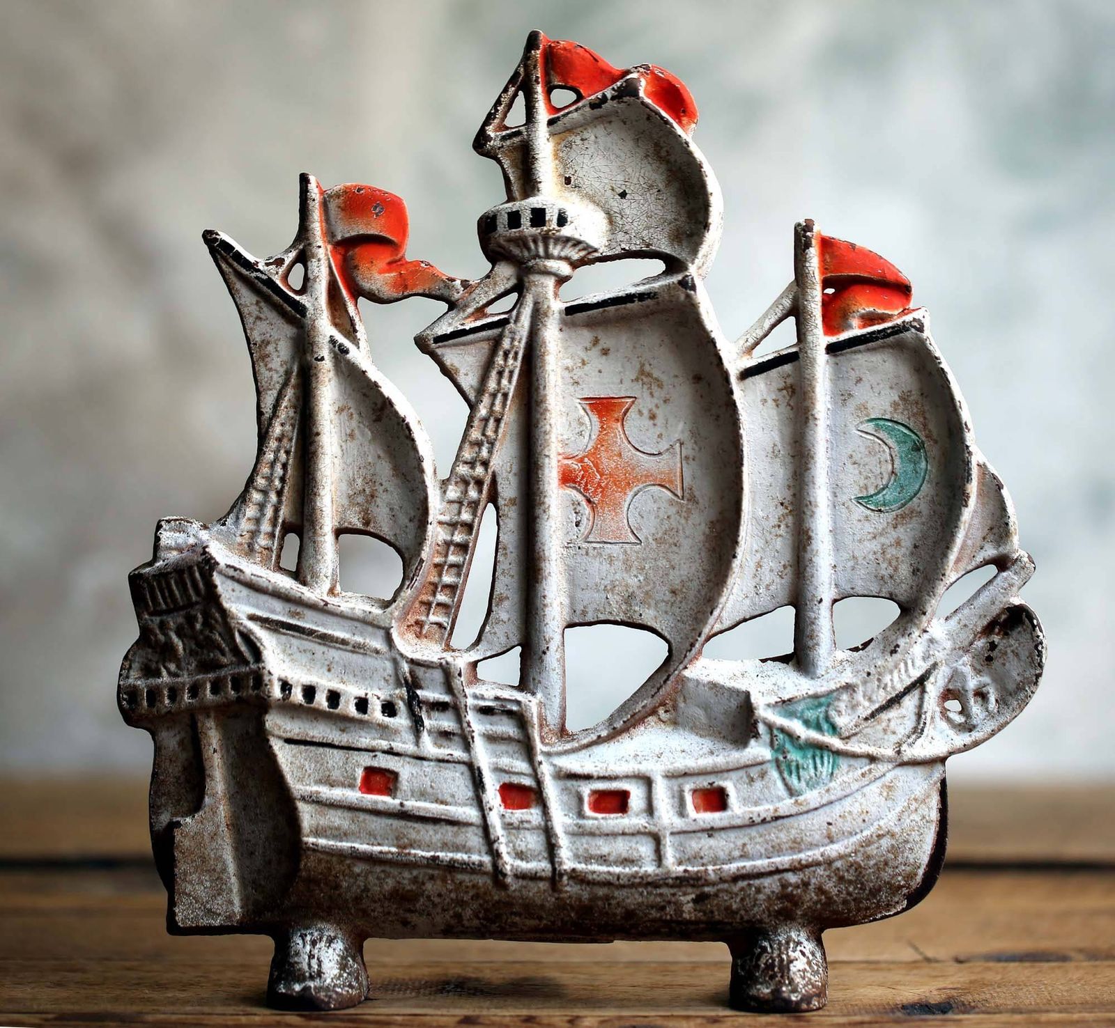 Antique French Sailing Ship Door Stop Nautical Theme Decor Boat Cast Iron Doorstop photo furniture