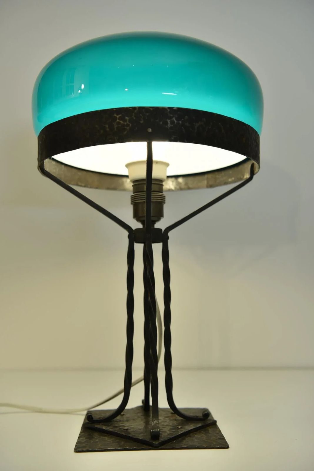 Art Nouveau Swedish Wrought Iron And Hand Blown Glass Table Lamp, 1910s photo Lighting