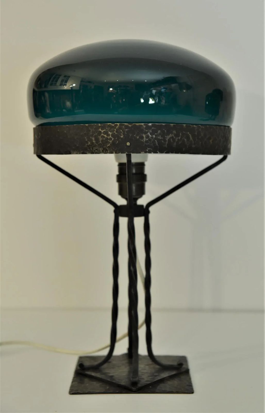Art Nouveau Swedish Wrought Iron And Hand Blown Glass Table Lamp, 1910s photo vinterior