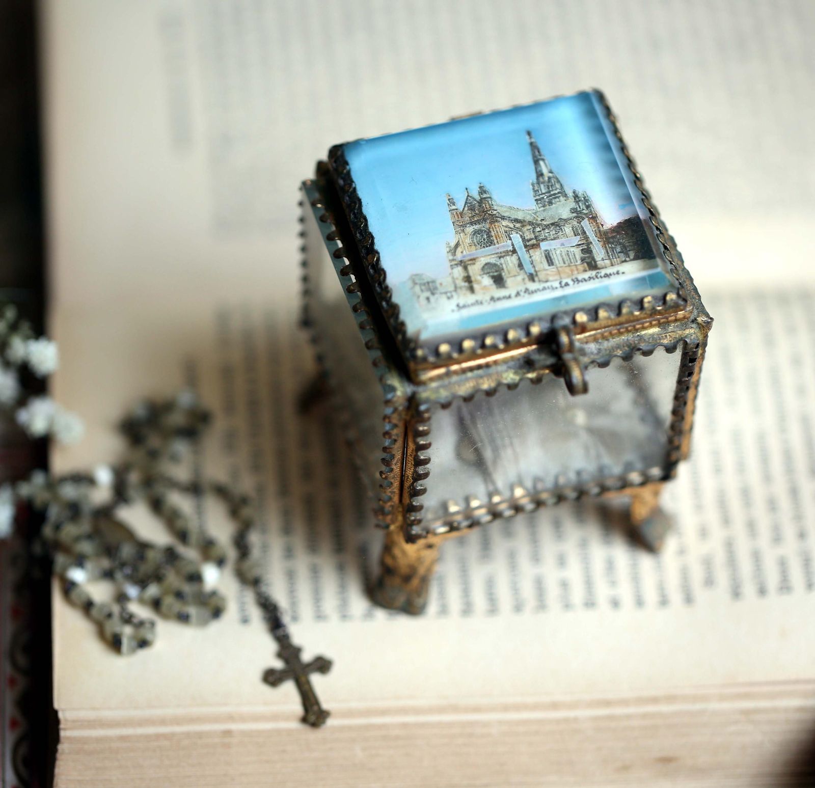 photo furniture Antique French Ormolu Glass Jewelry Box Basilica Sainte Anne D'auray Souvenir