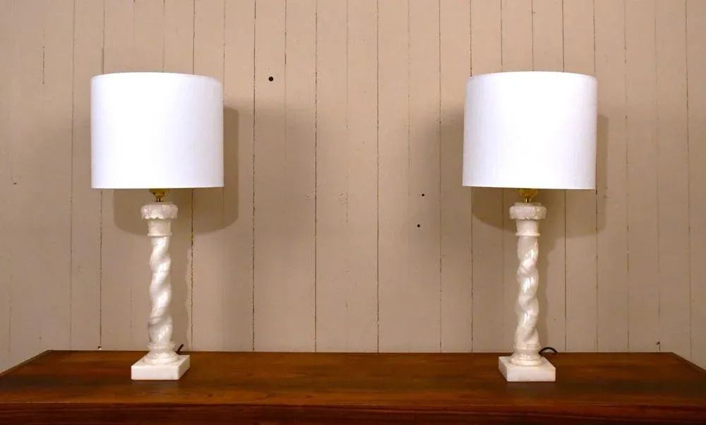photo for sale Large Swedish White Alabaster Table Lamps By Nordic Company, From Nordiska Kompaniet, Set Of 2