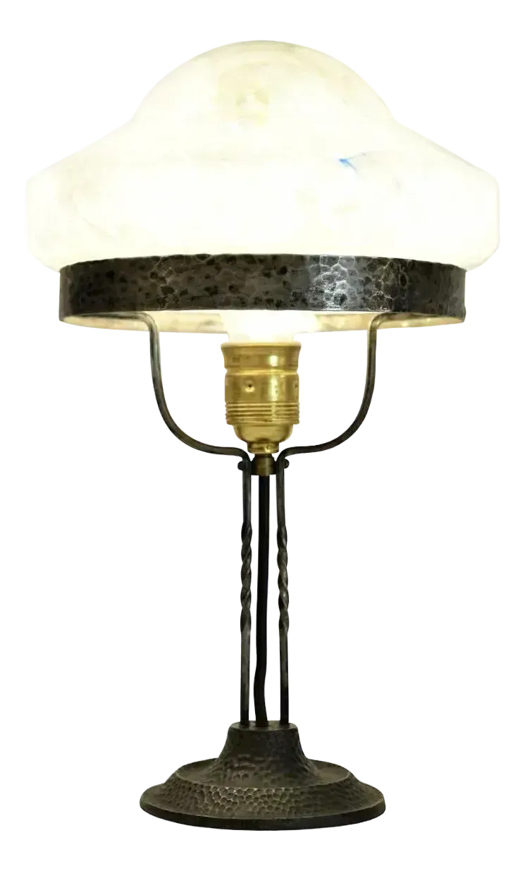 Art Nouveau Wrought Iron And Glass Table Lamp Jugendstil, Sweden, 1920s