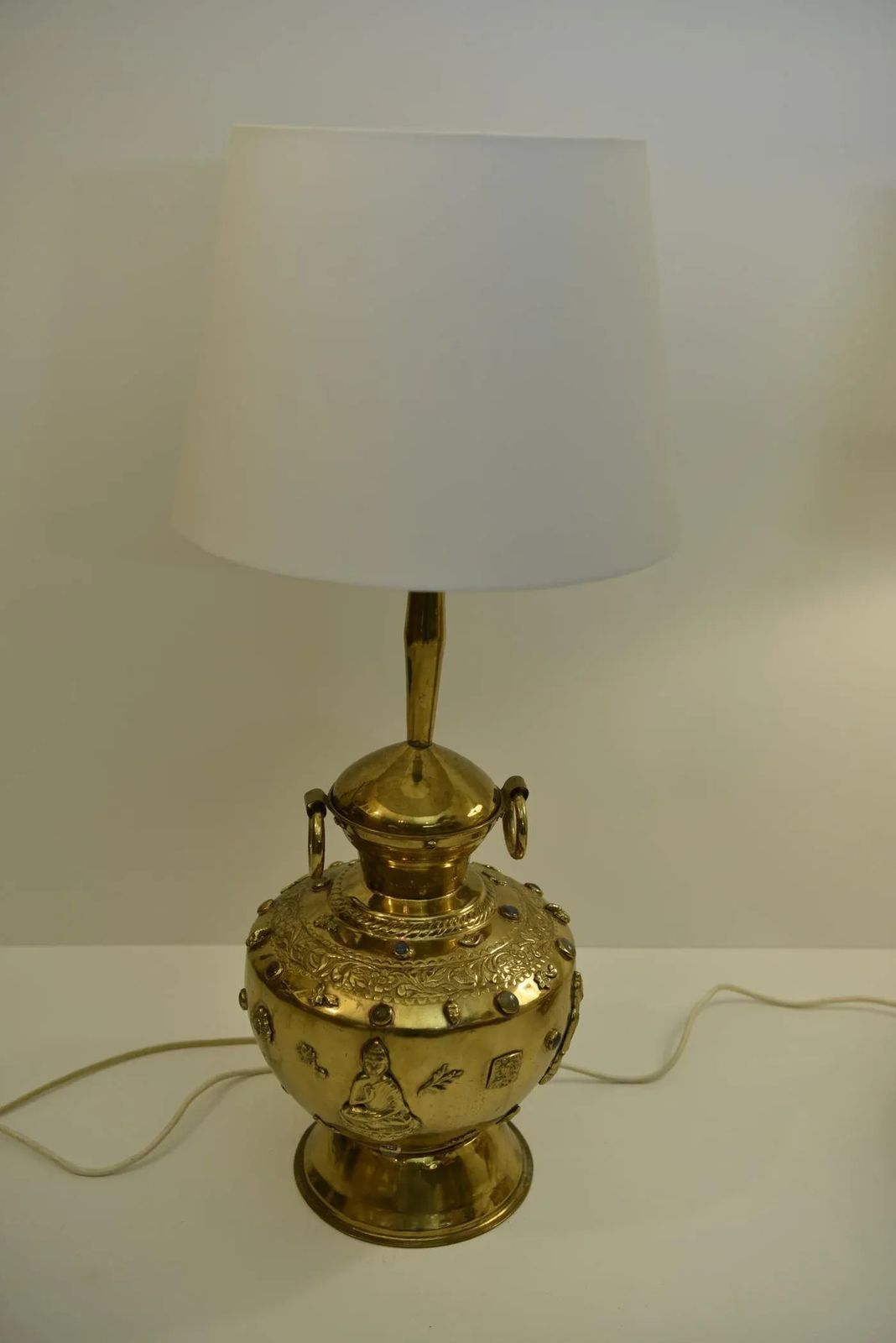 Large Brass And Gemstone Buddha Table Lamps, Set Of 2 photo furniture