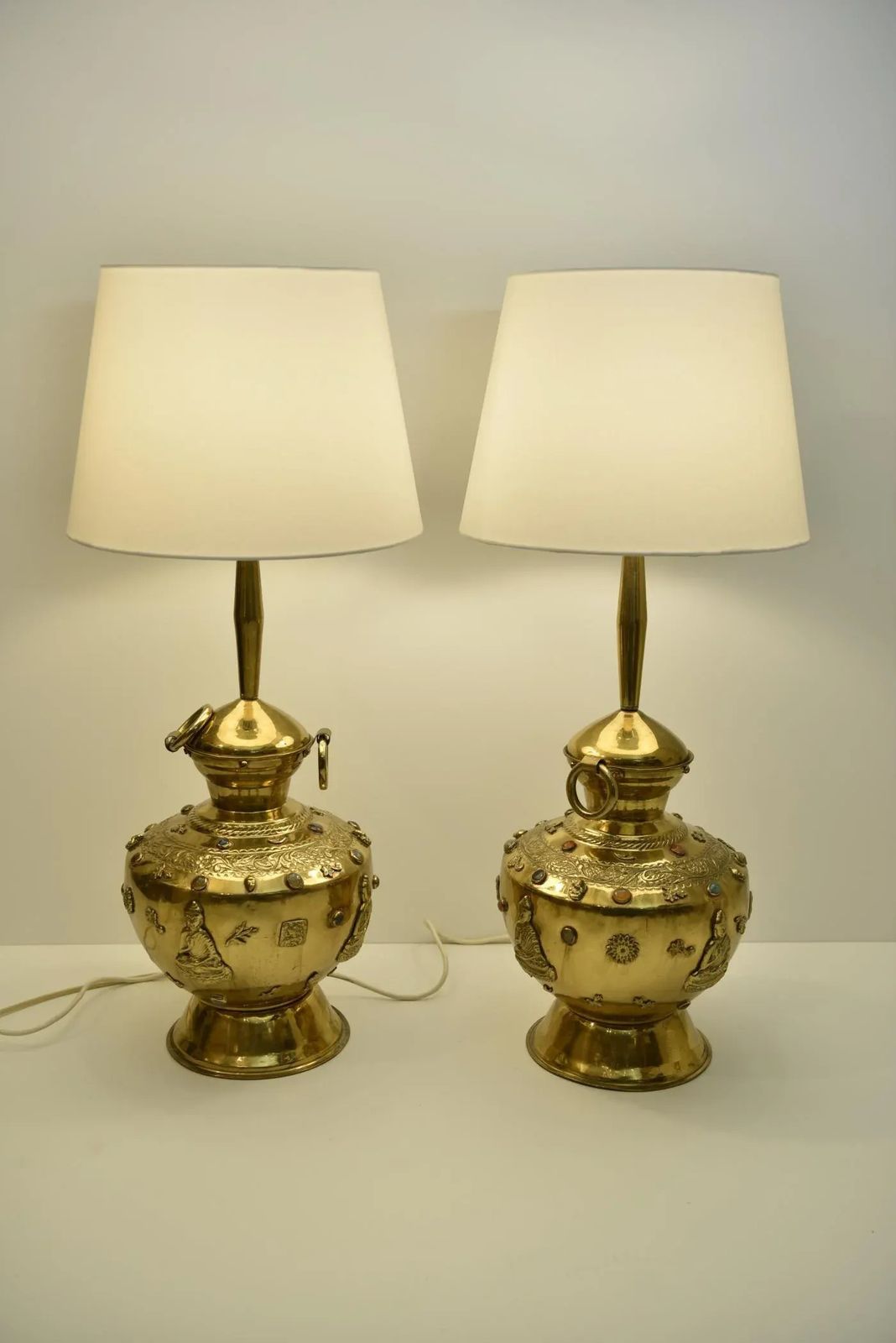 Large Brass And Gemstone Buddha Table Lamps, Set Of 2