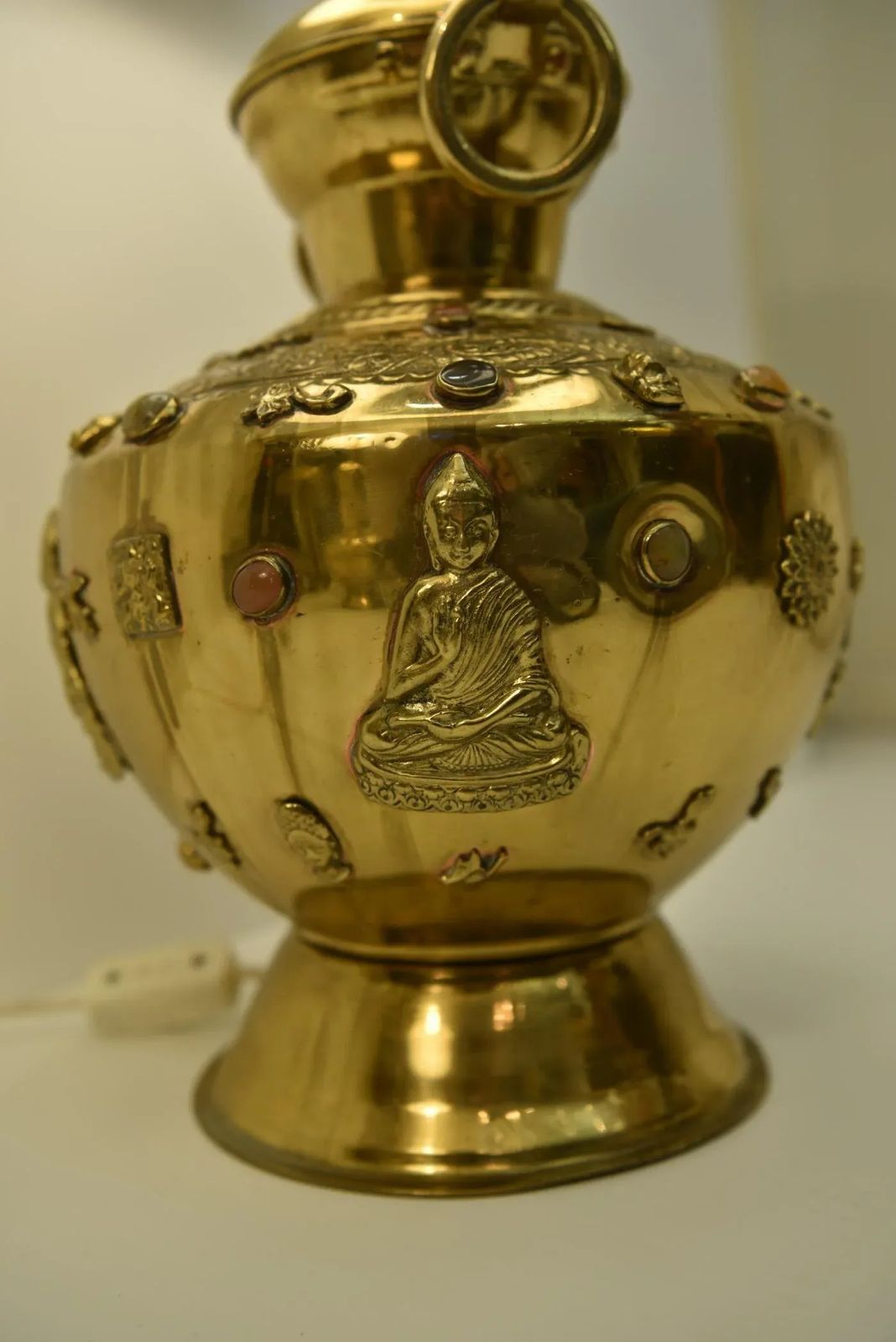 Large Brass And Gemstone Buddha Table Lamps, Set Of 2 photo vinterior