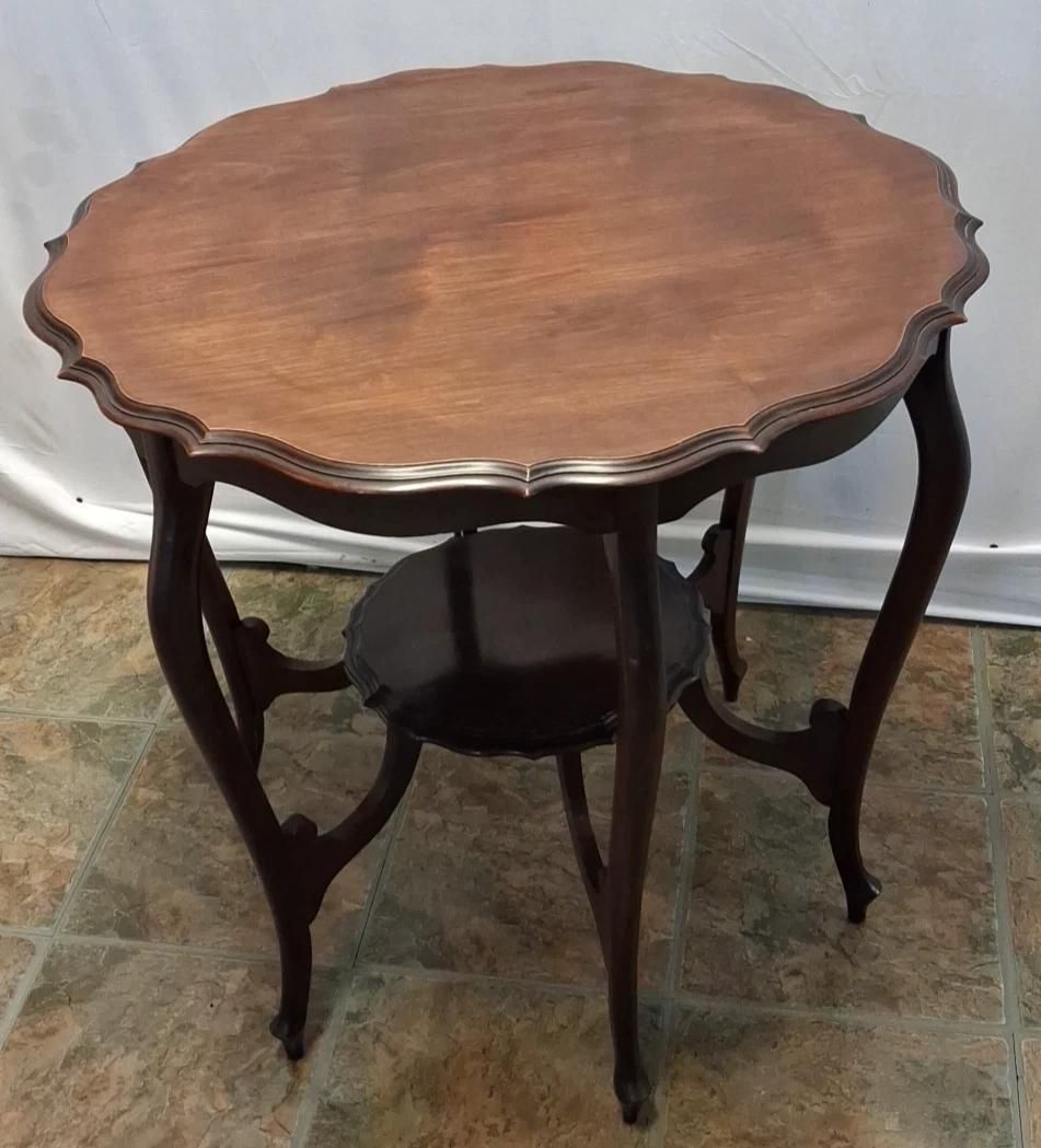 Antique Mahogany Two Tier Occasional Table With Scalloped Edge Top