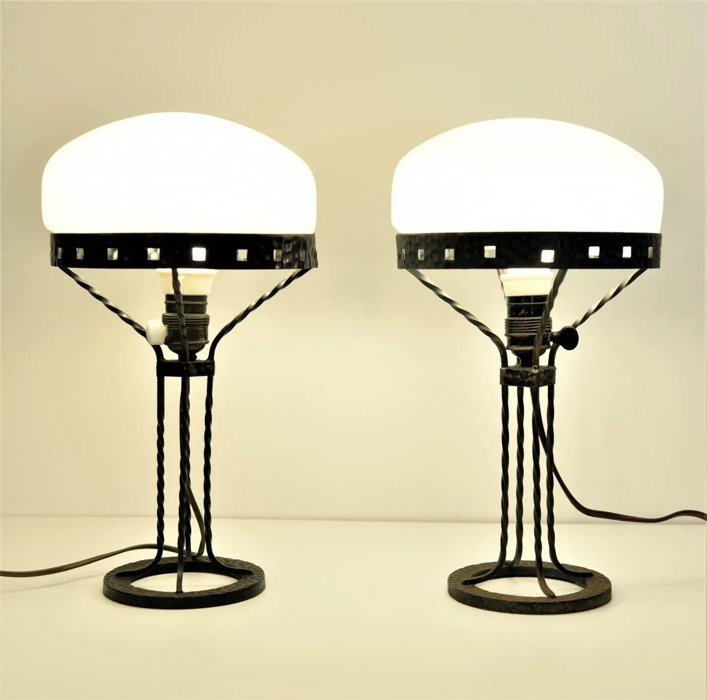 Art Noueau Swedish Wrought Iron And Blown Glass Table Lamps, 1915, Set Of 2