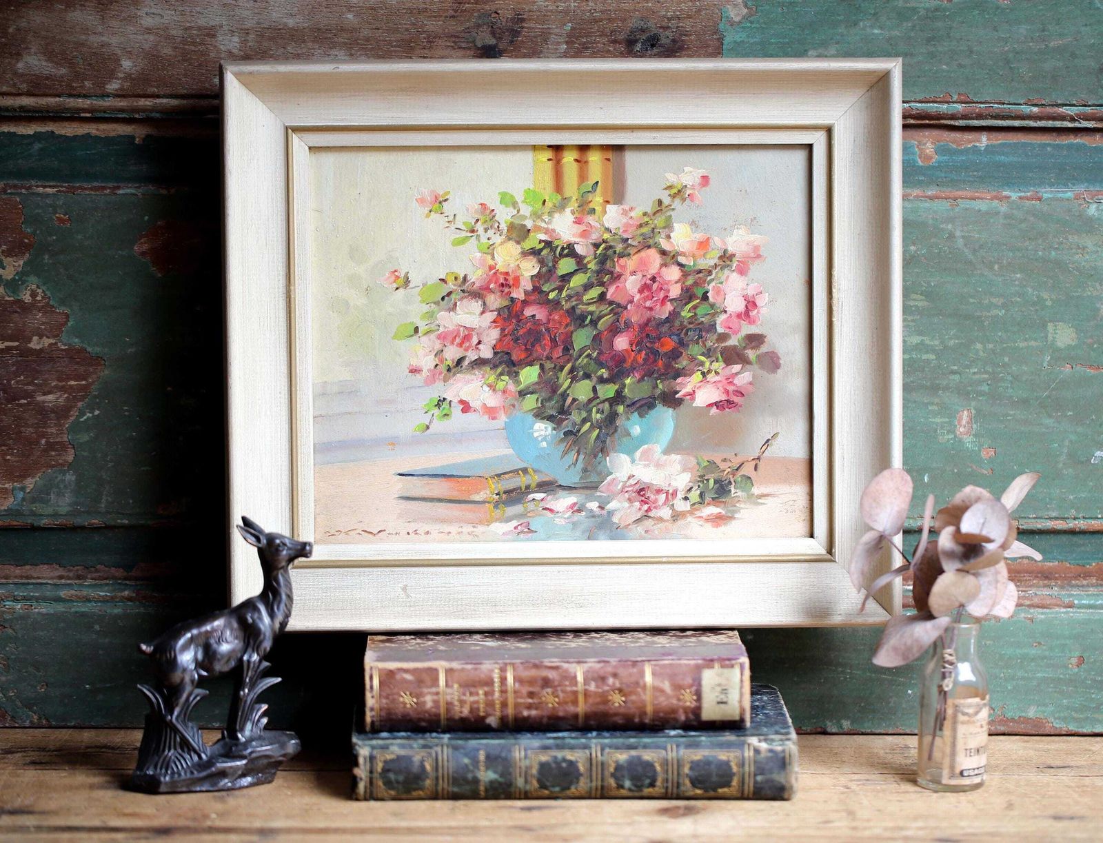Original Vintage Oil Painting Floral Flowers Picture Pink Roses Still Life