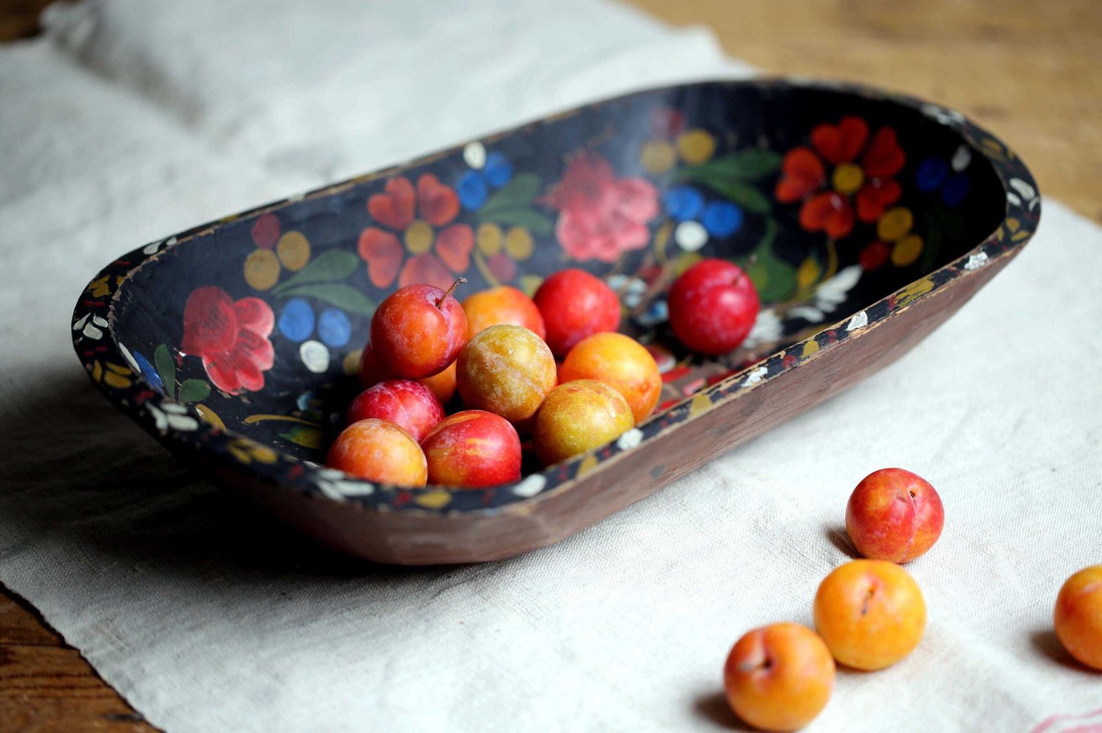Antique French Folk Art Wooden Dough Bowl Painted Wood Proving Bowl photo vinterior