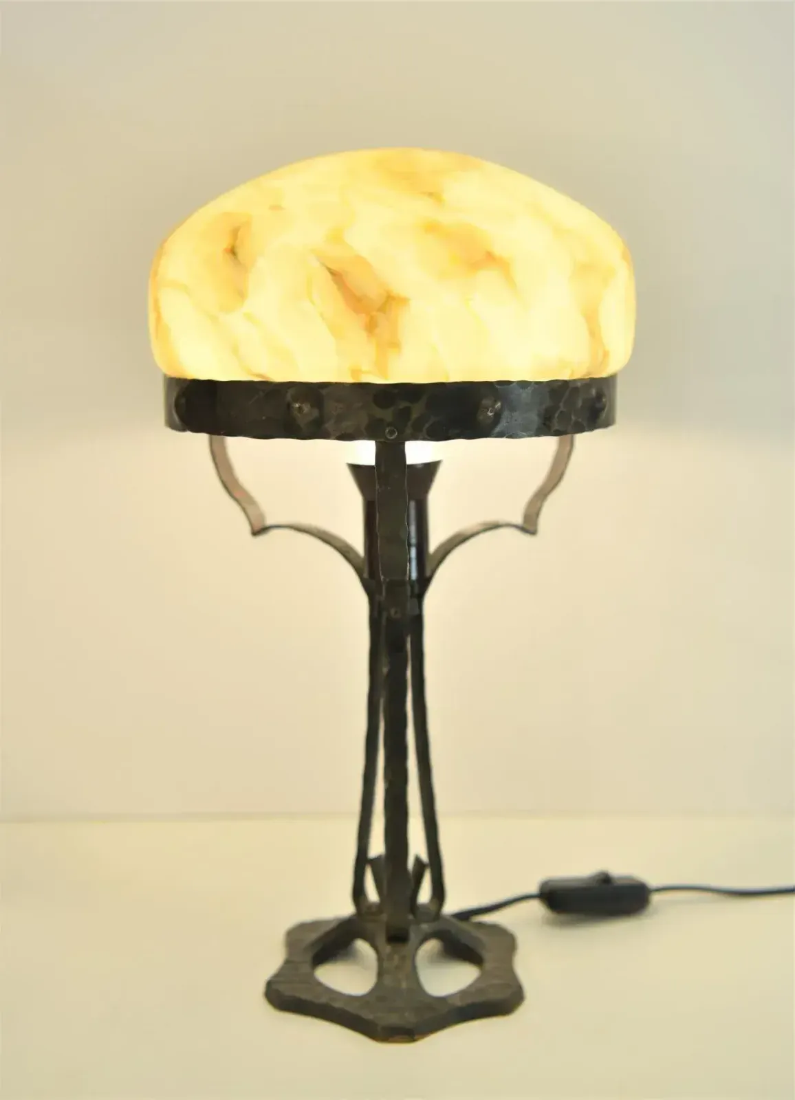 Art Nouveau Swedish Wrought Iron And Glasstable Lamp From Jugendstil, 1925 photo for sale