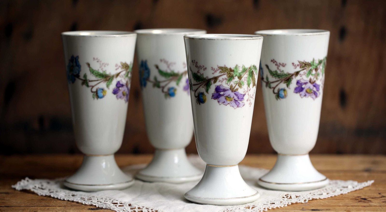 Antique French Bistro Cups   Floral Porcelain Coffee Goblets, Set Of 4 photo 71.0