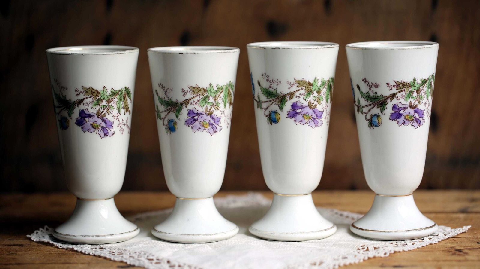 Antique French Bistro Cups   Floral Porcelain Coffee Goblets, Set Of 4 photo vinterior