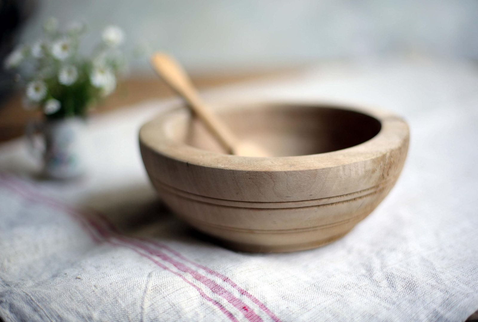 Antique Wooden Bowl Small Primitive French Dish & Carved Wood Spoon