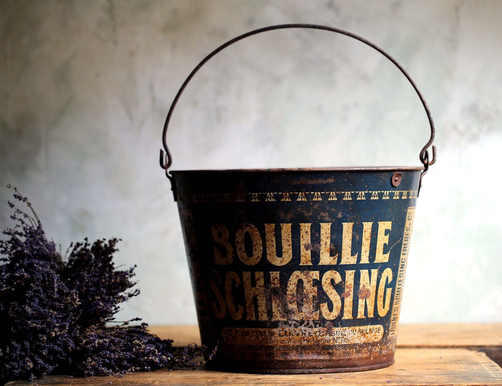 Large Vintage French Bucket Rusty Pail Rustic Metal Advertising Bouillie Schloesing photo 93.0
