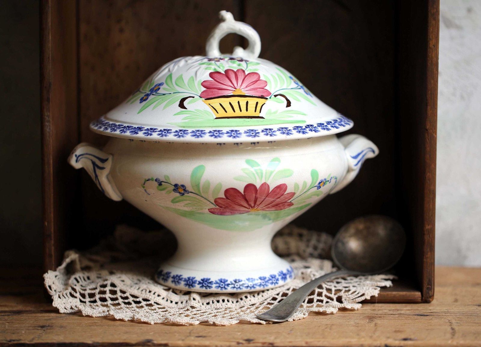 Antique French Tureen Hand Painted Floral Soup Dish Lebacqz Bouchart