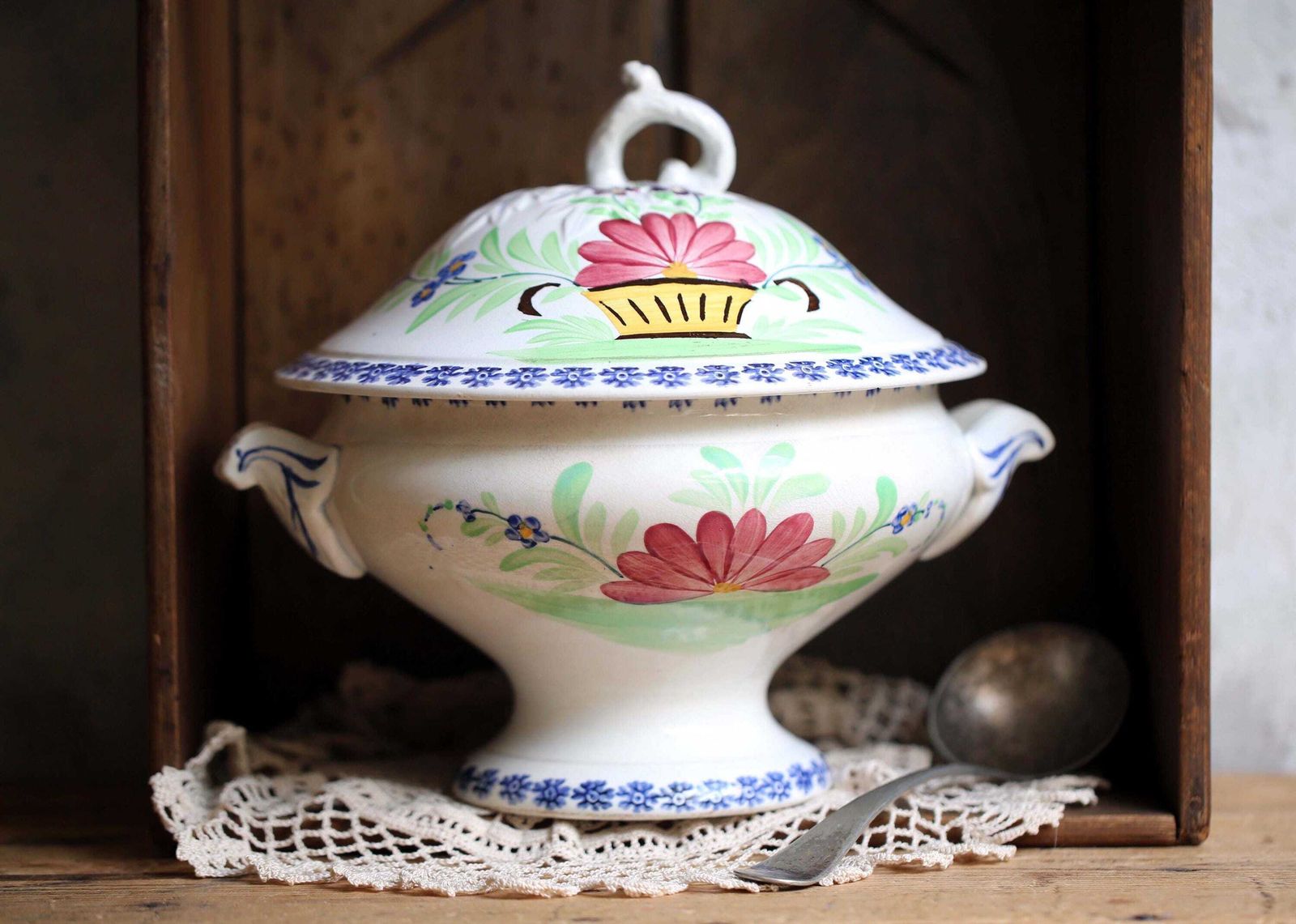 Antique French Tureen Hand Painted Floral Soup Dish Lebacqz Bouchart photo vinterior