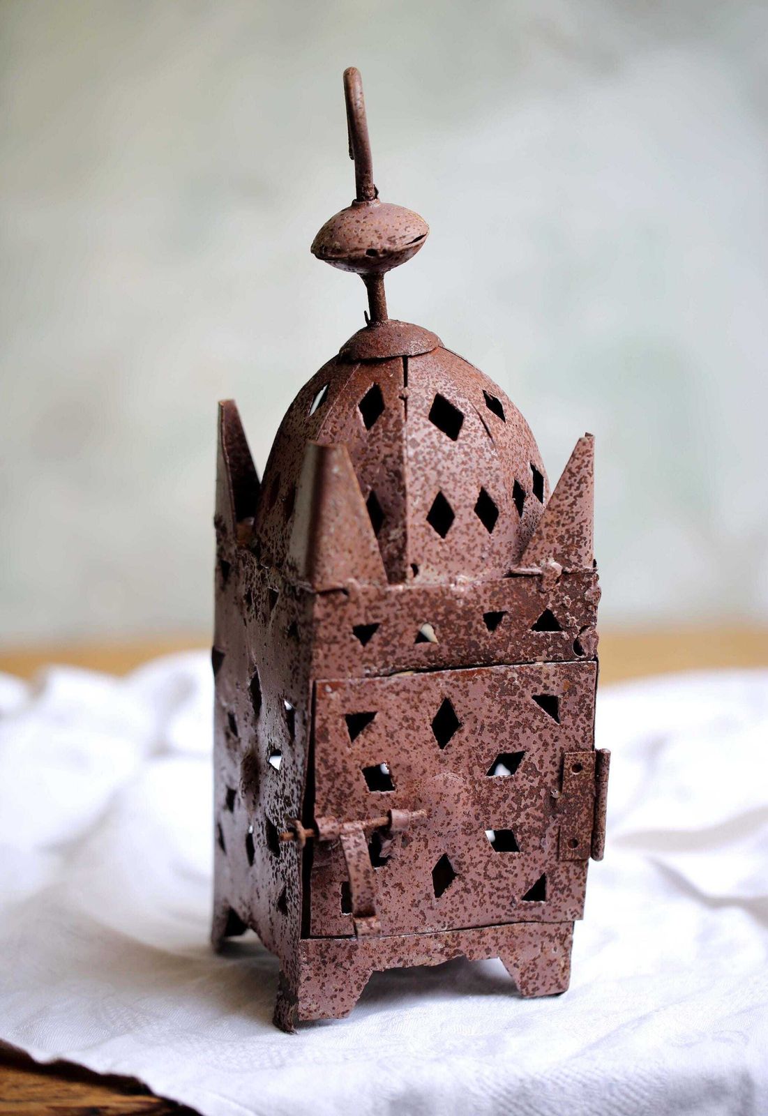 Antique Rusty Iron Lantern Candle Holder Primitive Moroccan Folk Art Style Storm Lamp photo furniture