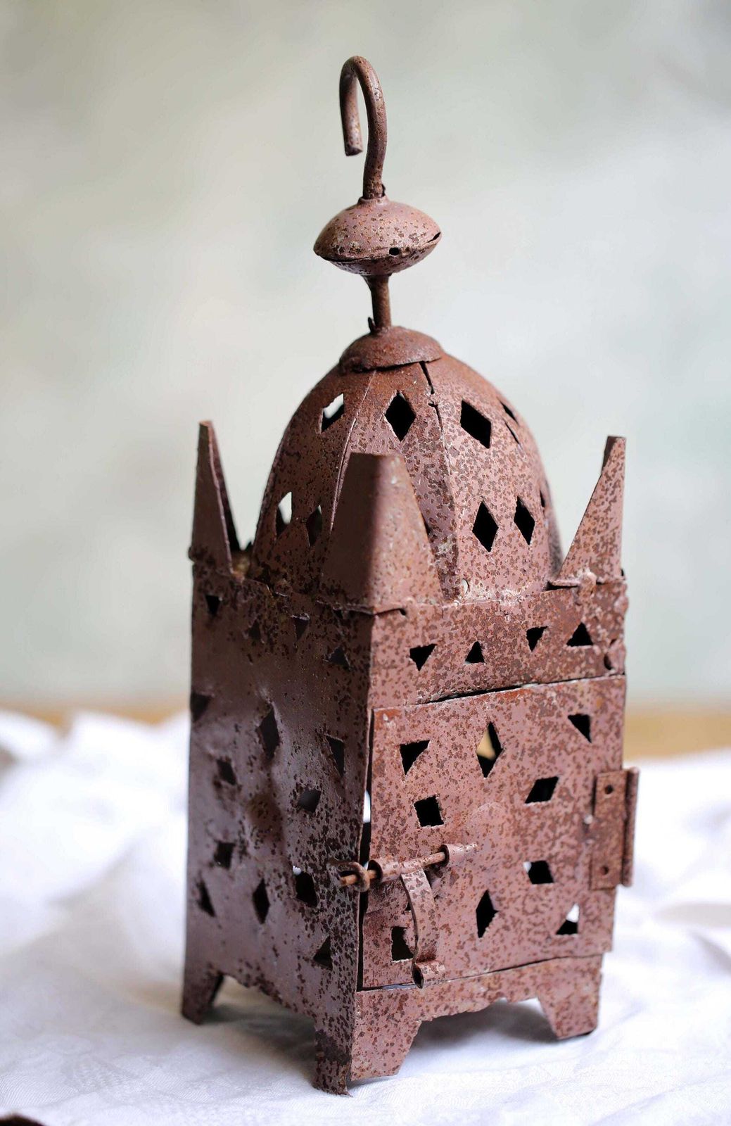 Antique Rusty Iron Lantern Candle Holder Primitive Moroccan Folk Art Style Storm Lamp photo for sale