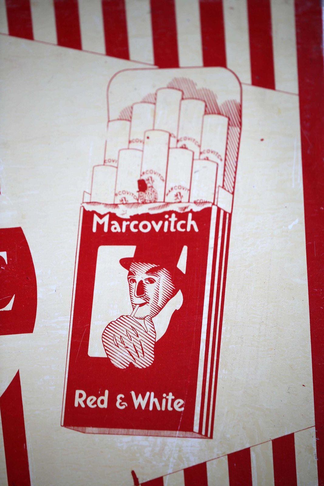 Vintage Cigarette Sign Red & White Serigraph Marcovitch Advertising Plaque photo for sale