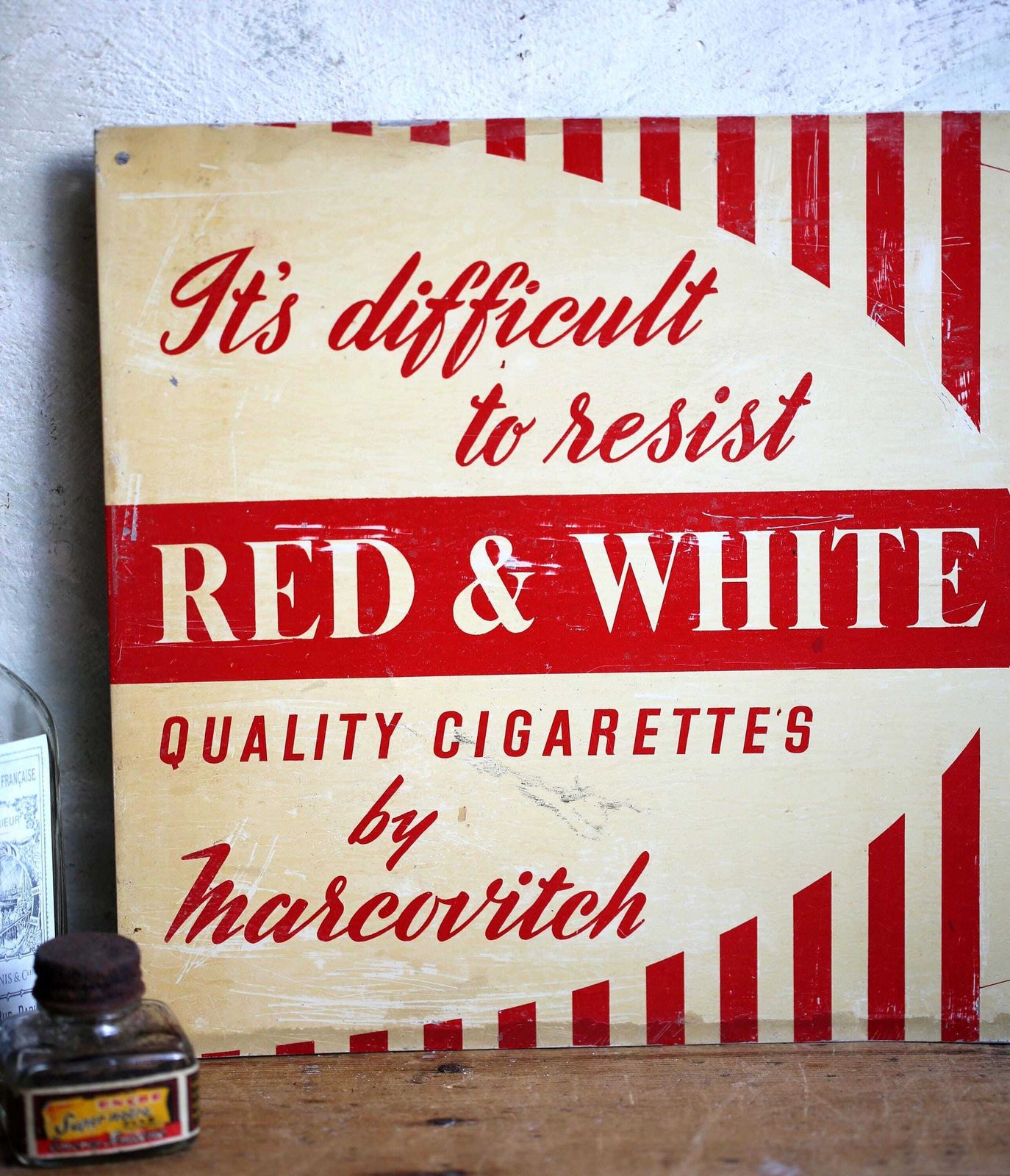 Vintage Cigarette Sign Red & White Serigraph Marcovitch Advertising Plaque photo 93.0