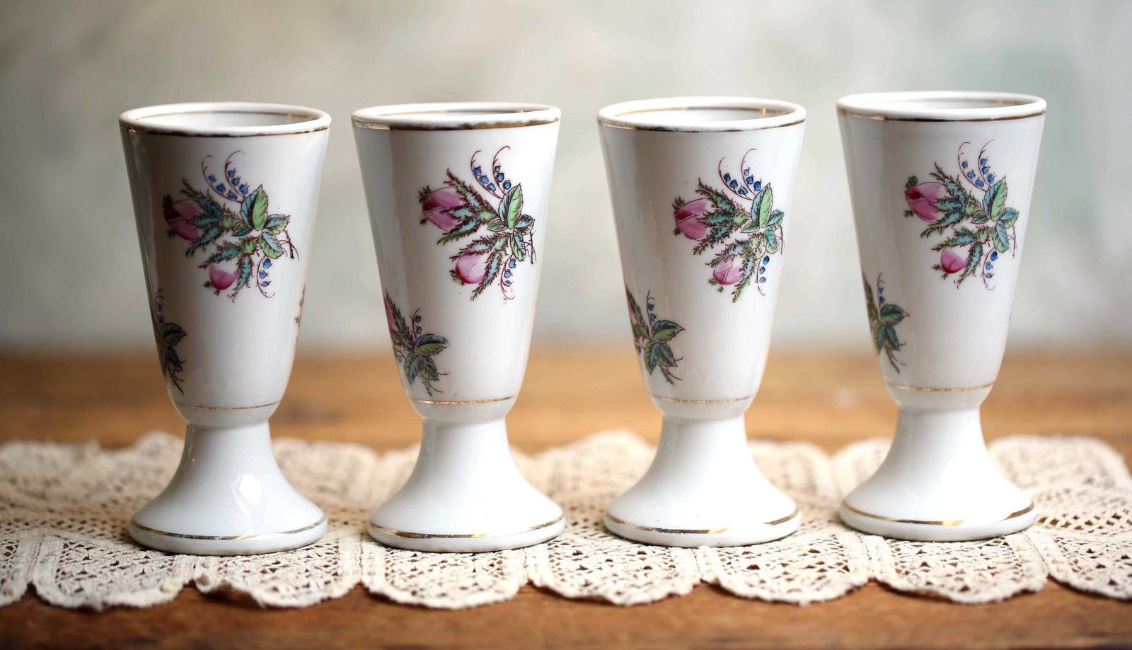 Antique French Bistro Cups Floral Porcelain Coffee Goblets Set Of 4 photo furniture