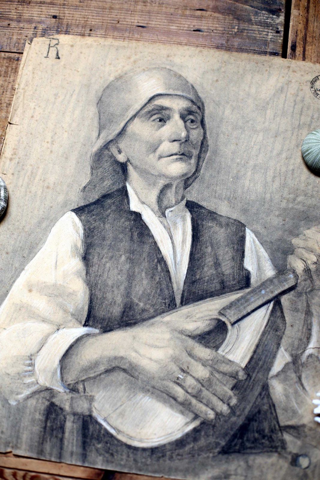 Original Antique Life Drawing Male Portrait Man Playing Guitar Antique French Pierre Souffran photo furniture