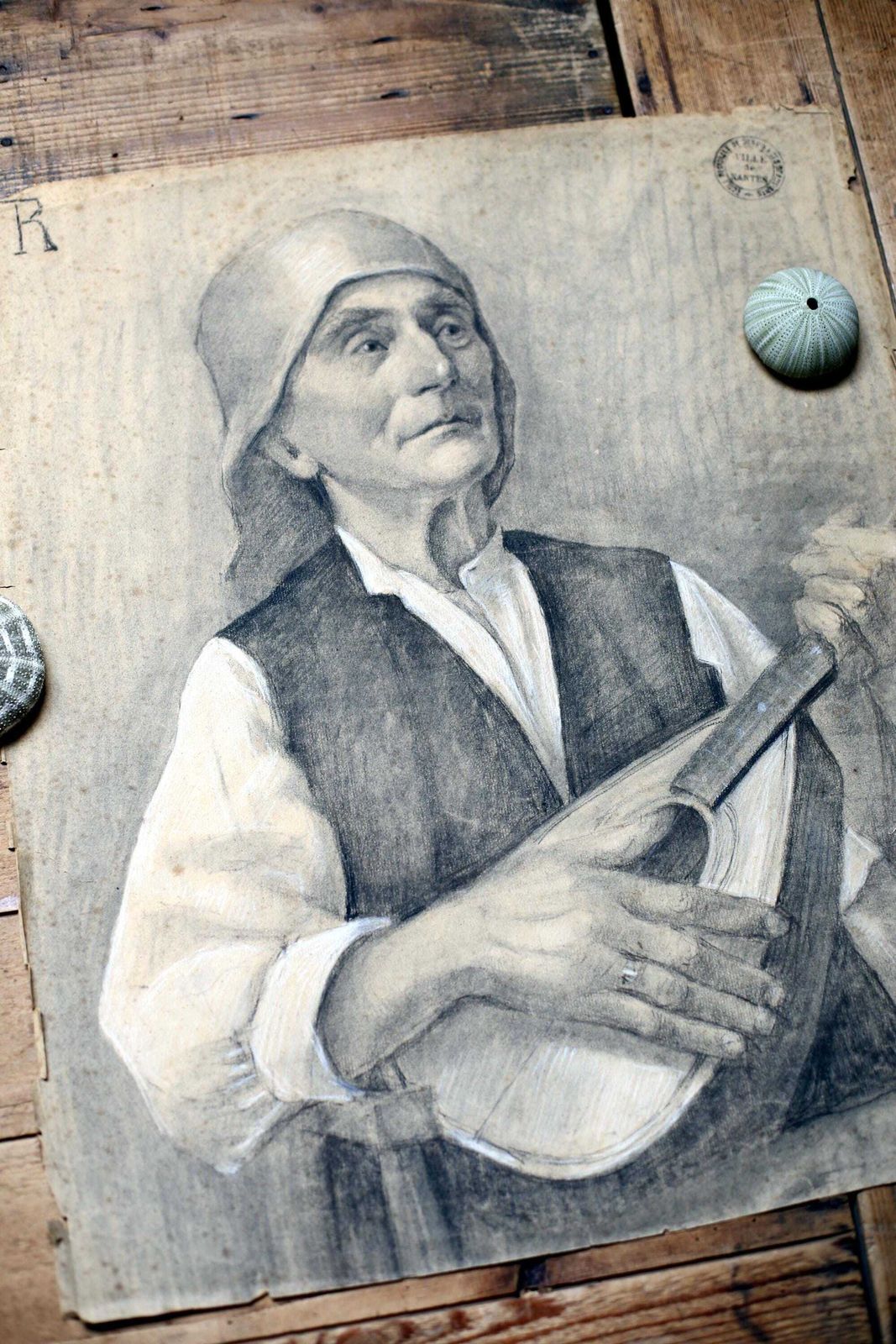 Original Antique Life Drawing Male Portrait Man Playing Guitar Antique French Pierre Souffran photo 93.0