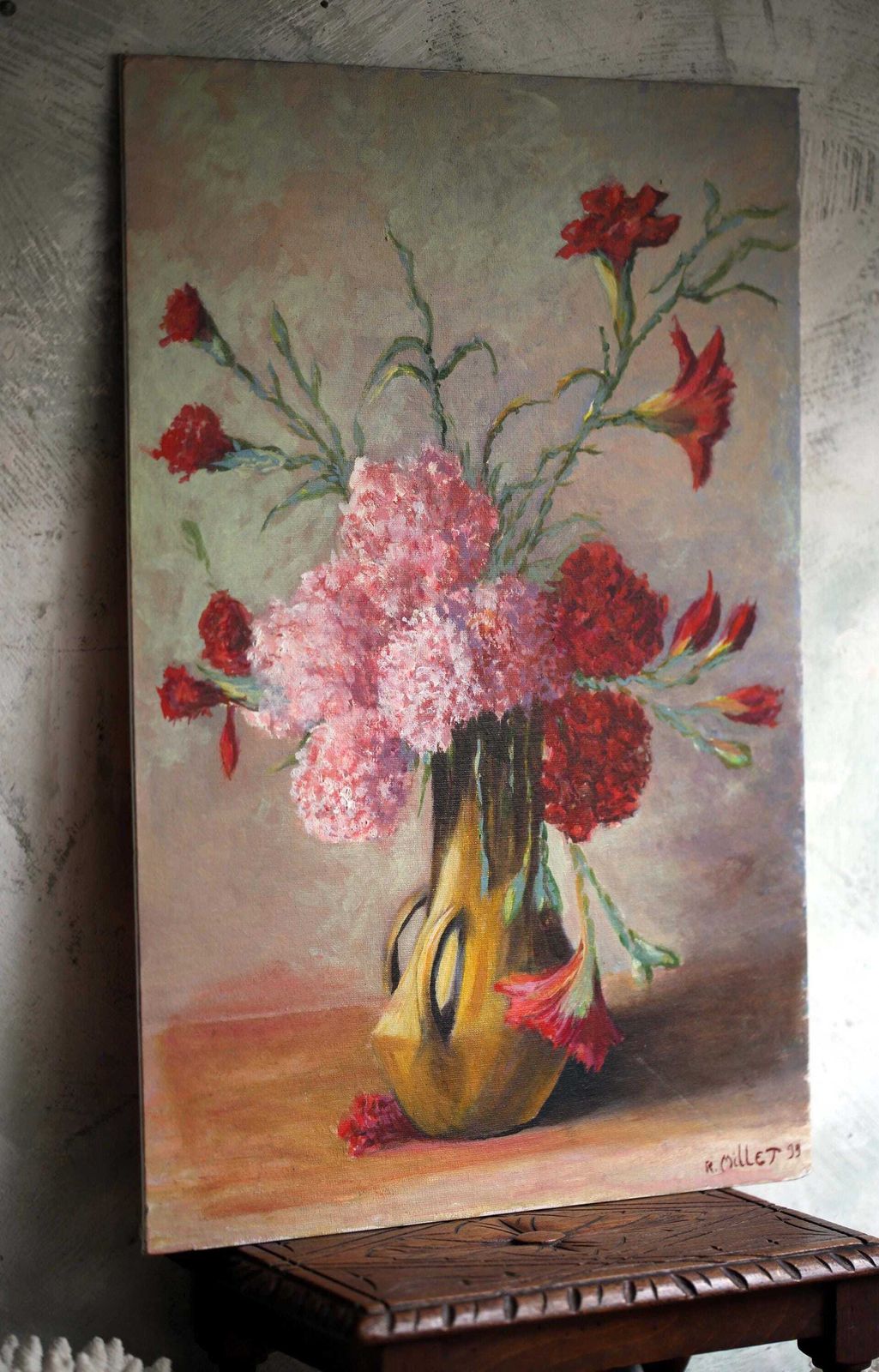 French Floral Oil Painting Vintage Art Flowers Still Life R Millet photo vintage