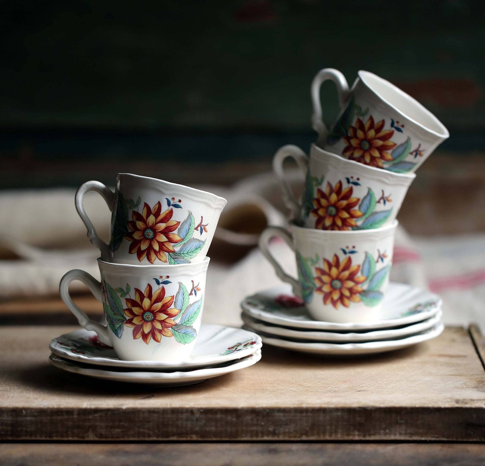 Set Of 5 Floral Creamware Cups And Saucers French Sarreguemines Pottery Vence photo for sale