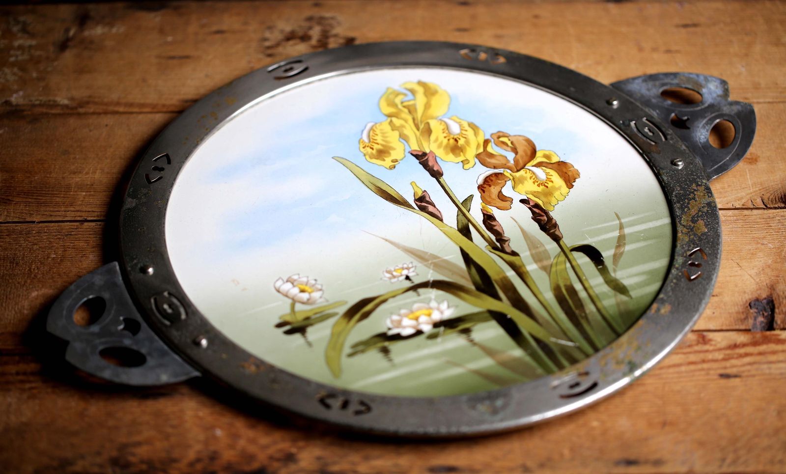 Large Antique Art Nouveau Tray Porcelain Yellow Irises Plate By Max Dannhorn photo 82.0