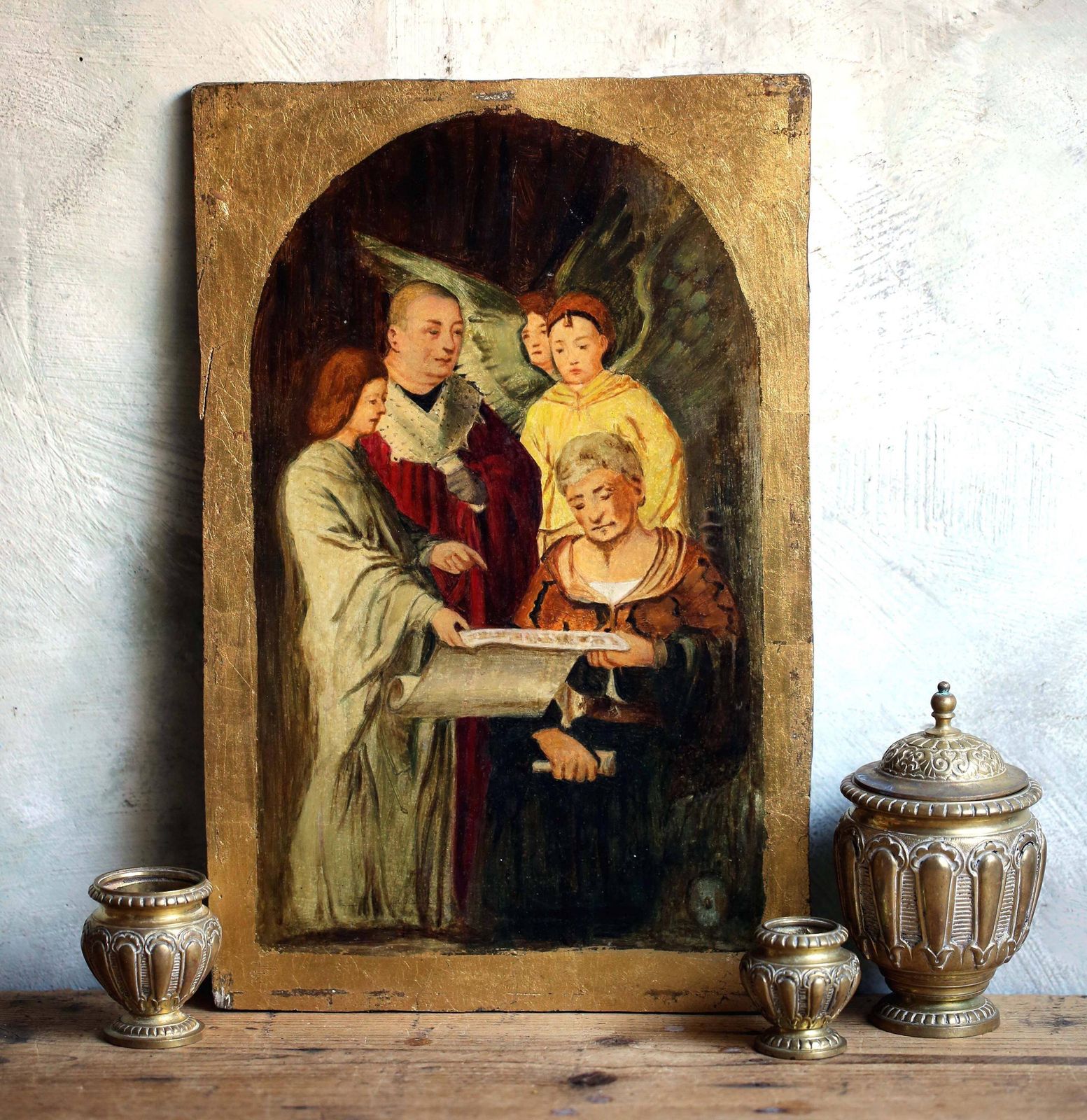 Antique Religious Painting With Angel Oil On Wood