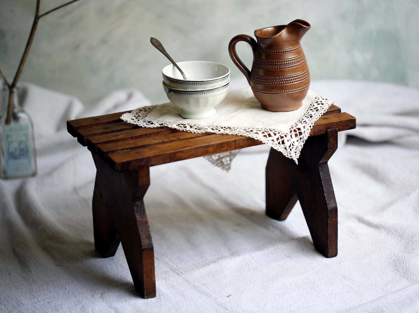 French Wooden Foot Stool Antique Slatted Footstool Small Display Stand