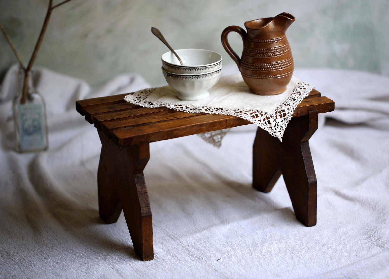 French Wooden Foot Stool Antique Slatted Footstool Small Display Stand photo buy