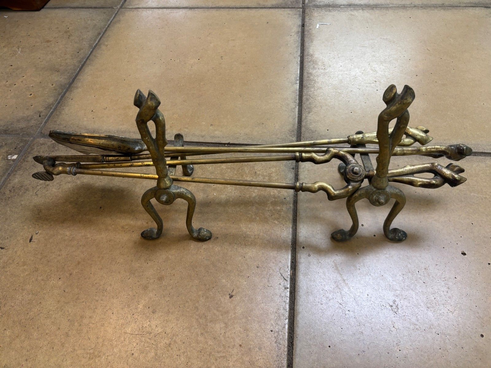 Antique Brass Fire Companion Set With Fire Dog Stands photo furniture
