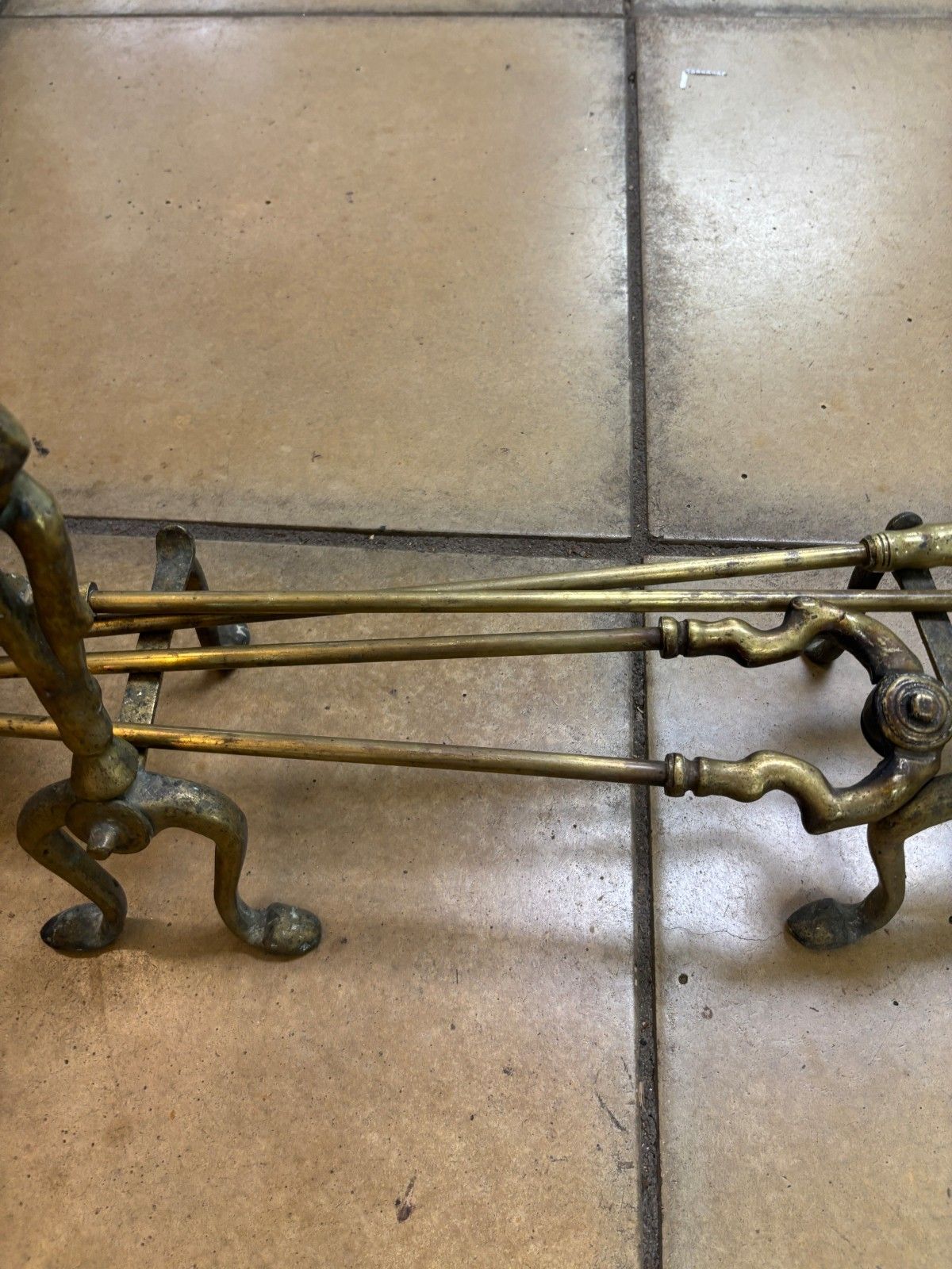 Antique Brass Fire Companion Set With Fire Dog Stands photo Home Fixtures
